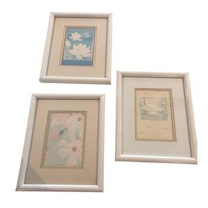 Vintage 1980s Embossed Paper Art Set of 3 Framed Swans Magnolias‎ Lotus Pastels